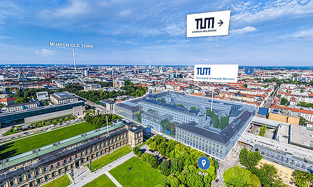 Virtual Reality image which point towards TUM campus and buildings that surrounds it. 