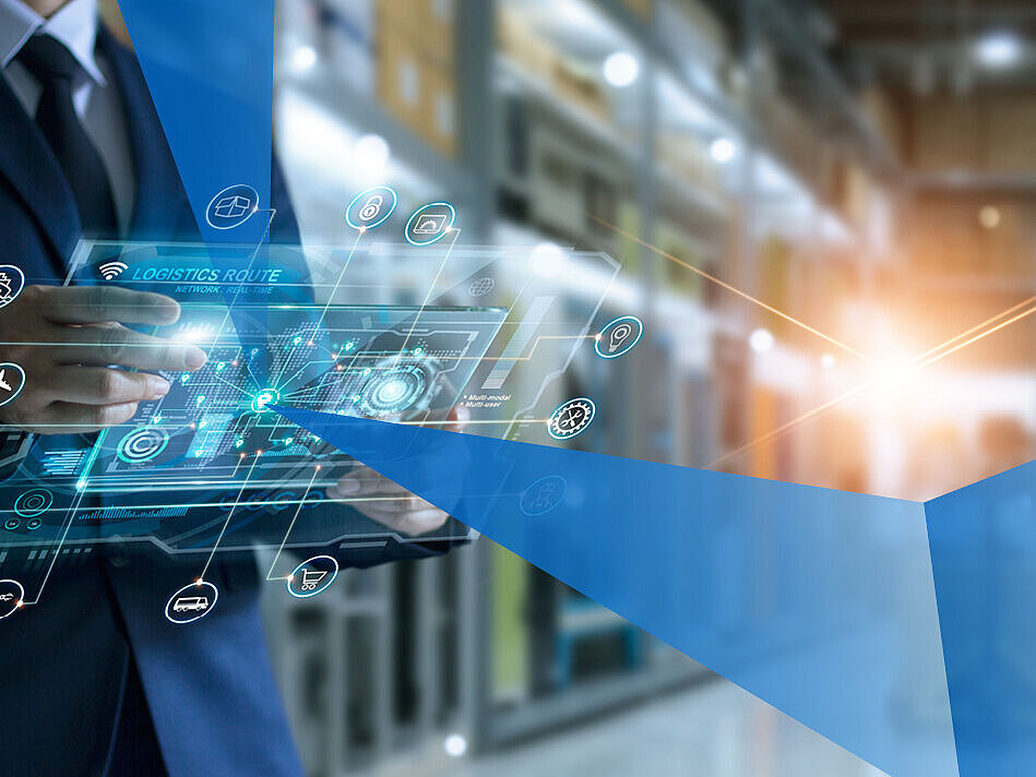 Businessman holding virtual interface panel of global logistics network distribution and transportation, Smart logistics, Innovation future of transport on large warehouse center background