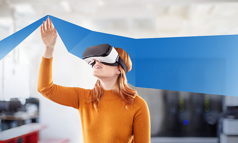 Female student put on vr glasses into virtual simulated world